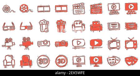 Cinema line icons in comic style. Entertainment set cartoon vector illustration on white isolated background. Movie media splash effect business conce Stock Vector