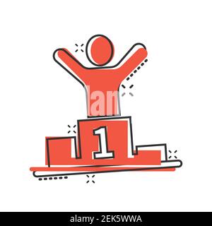 People win icon in comic style. Champion on podium cartoon vector illustration on white isolated background. Award ceremony splash effect business con Stock Vector
