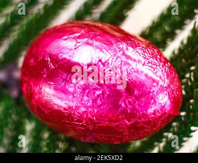 chocolate eggs in colors hidden in the garden grass to celebrate the Easter Stock Photo