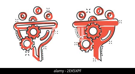 Filter icon in comic style. Funnel cartoon vector illustration on white isolated background. Chemical cone splash effect business concept. Stock Vector