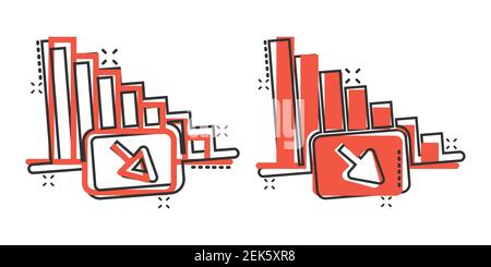 Market trend icon in comic style. Decline arrow with magnifier cartoon vector illustration on white isolated background. Decrease splash effect busine Stock Vector