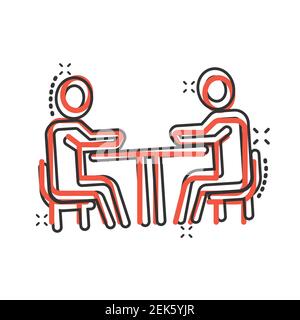 People with table icon in comic style. Teamwork conference cartoon vector illustration on white isolated background. Speaker dialog splash effect busi Stock Vector