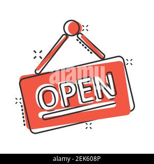 Open sign icon in comic style. Accessibility cartoon vector illustration on white isolated background. Message splash effect business concept. Stock Vector