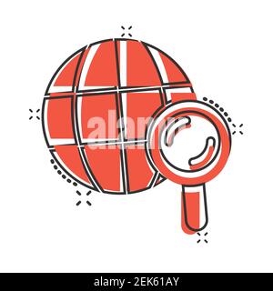 Globe search icon in comic style. Network navigation cartoon vector illustration on white isolated background. Global geography loupe splash effect bu Stock Vector