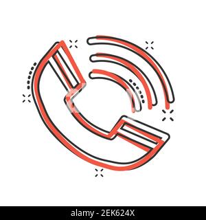 Phone icon in comic style. Telephone call cartoon vector illustration on white isolated background. Mobile hotline splash effect business concept. Stock Vector