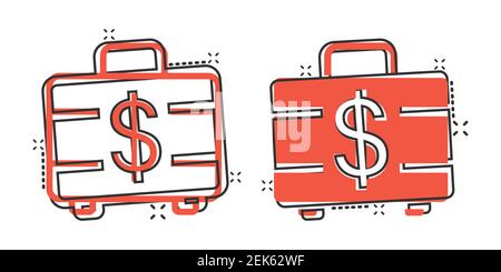 Money briefcase icon in comic style. Cash box cartoon vector illustration on white isolated background. Finance splash effect business concept. Stock Vector