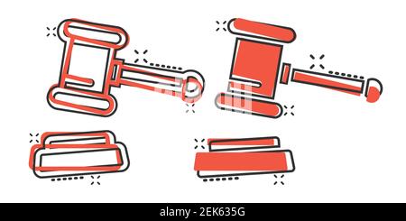 Auction hammer icon in comic style. Court sign cartoon vector illustration on white isolated background. Tribunal splash effect business concept. Stock Vector