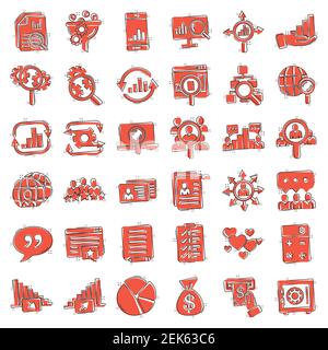 Global money icon set in comic style. Global information cartoon vector illustration on white isolated background. Finance data splash effect business Stock Vector