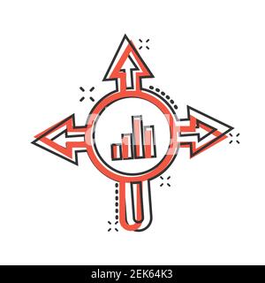 Market trend icon in comic style. Growth arrow with magnifier cartoon vector illustration on white isolated background. Increase splash effect busines Stock Vector