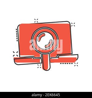 Computer search icon in comic style. Laptop with magnifying glass cartoon vector illustration on white isolated background. Device display splash effe Stock Vector