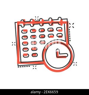 Calendar with clock icon in comic style. Agenda cartoon vector ...