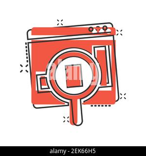 Market trend icon in comic style. Growth arrow with magnifier cartoon vector illustration on white isolated background. Increase splash effect busines Stock Vector