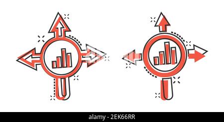 Market trend icon in comic style. Growth arrow with magnifier cartoon vector illustration on white isolated background. Increase splash effect busines Stock Vector