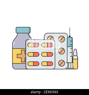 Medicines in various forms. Ampoules, pills, capsules medical icons in trendy line style isolated on white background for web applications and mobile Stock Vector