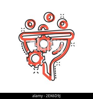 Filter icon in comic style. Funnel cartoon vector illustration on white isolated background. Chemical cone splash effect business concept. Stock Vector