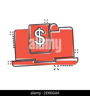 Laptop with money icon in comic style. Computer dollar cartoon vector illustration on white isolated background. Finance monitoring splash effect busi Stock Vector