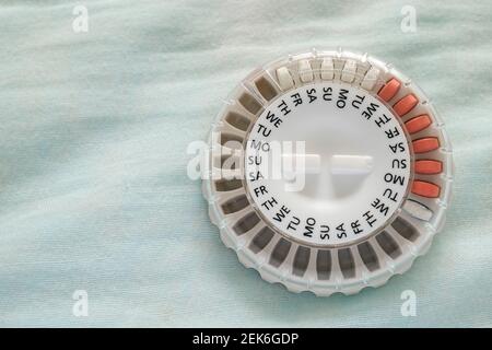 Photograph represent an already open HRT, Hormone Therapy Replacement pills in dispenser for perimenopause treatment