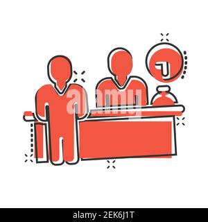 Check in reception icon in comic style. Booking service cartoon vector illustration on white isolated background. Hotel reservation splash effect busi Stock Vector