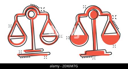 Scale balance icon in comic style. Justice cartoon vector illustration on white isolated background. Judgment splash effect business concept. Stock Vector