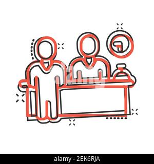 Check in reception icon in comic style. Booking service cartoon vector illustration on white isolated background. Hotel reservation splash effect busi Stock Vector