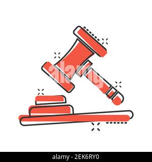 Auction hammer icon in comic style. Court cartoon sign vector illustration on white isolated background. Tribunal splash effect business concept. Stock Vector