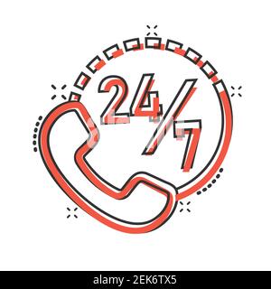 Phone service 24/7 icon in comic style. Telephone talk cartoon vector illustration on white isolated background. Hotline contact splash effect busines Stock Vector