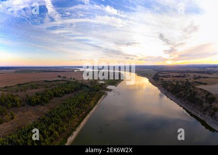 Guadiana drone aerial view of the border between Portugal and Spain in Juromenha Alentejo, in Portugal Stock Photo