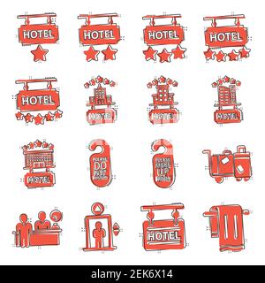 Hotel icon set in comic style. Booking cartoon vector illustration on white isolated background. Vacation reservation splash effect business concept. Stock Vector