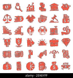 Business icons set in comic style. Finance investment cartoon vector illustration on white isolated background. Financial currency splash effect busin Stock Vector