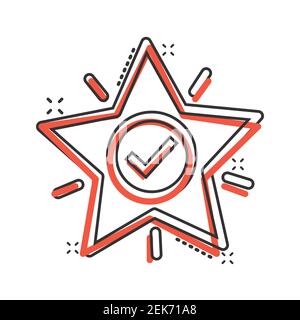 Check mark with star icon in comic style. Add to favorite cartoon vector illustration on white isolated background. Bookmark splash effect business co Stock Vector