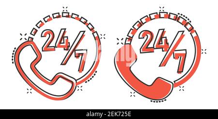Phone service 24/7 icon in comic style. Telephone talk cartoon vector illustration on white isolated background. Hotline contact splash effect busines Stock Vector