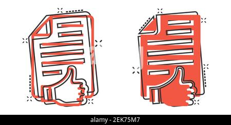 People hand with check mark icon in comic style. Accept cartoon vector illustration on white isolated background. Approval choice splash effect busine Stock Vector