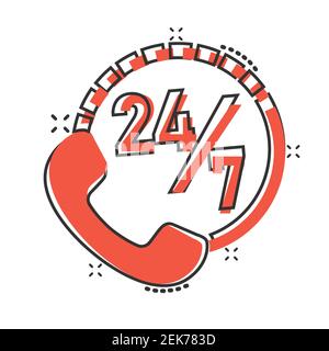Phone service 24/7 icon in comic style. Telephone talk cartoon vector illustration on white isolated background. Hotline contact splash effect busines Stock Vector