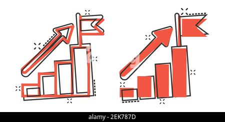 Stair with finish flag icon in comic style. Leadership challenge cartoon vector illustration on white background. Career growth splash effect business Stock Vector