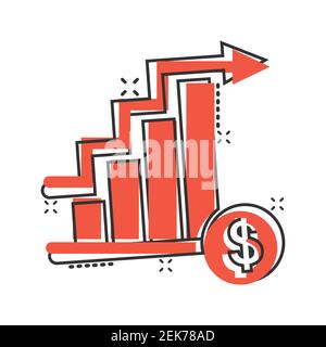 Market trend icon in comic style. Growth arrow with magnifier cartoon vector illustration on white isolated background. Increase splash effect busines Stock Vector