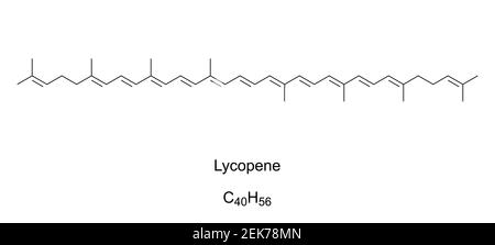 Lycopene, chemical formula and skeletal structure. Bright red carotene, found in tomatoes, red carrots, watermelons, grapefruits and papayas. Stock Photo