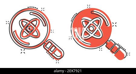 Science magnifier icon in comic style. Virus search cartoon vector illustration on white isolated background. Chemistry dna splash effect business con Stock Vector