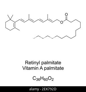 Retinyl palmitate, or vitamin A palmitate, chemical formula and skeletal structure. Most abundant form of vitamin A storage and vitamin supplement. Stock Photo