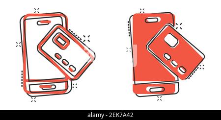 Smartphone paying icon in comic style. Nfc credit card cartoon vector illustration on white isolated background. Banking splash effect business concep Stock Vector