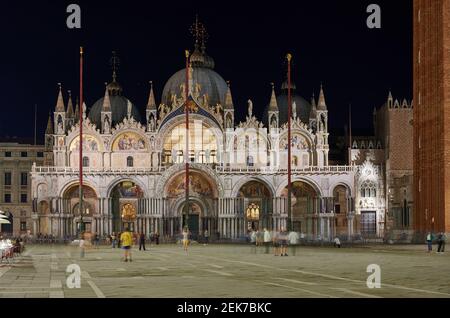 Night shot of the illuminated famous St Mark's Basilica or Basilica di San Marco, Venice, Veneto, Italy Stock Photo
