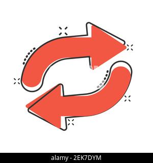 Arrow rotation icon in comic style. Sync action cartoon vector illustration on white isolated background. Refresh button splash effect business concep Stock Vector