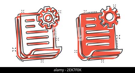 Document with gear icon in comic style. Big data processing cartoon vector illustration on white isolated background. Paper sheet software solution sp Stock Vector