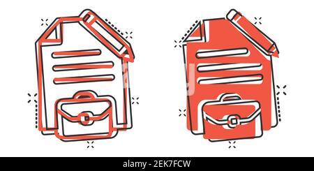 Document note with pen icon in comic style. Paper sheet pencil and briefcase cartoon vector illustration on white background. Notepad document splash Stock Vector