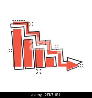 Market trend icon in comic style. Decline arrow with magnifier cartoon vector illustration on white isolated background. Decrease splash effect busine Stock Vector