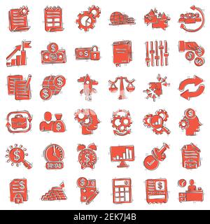Business icon set in comic style. Money, people, document cartoon vector illustration on white isolated background. Freelancer diagram splash effect b Stock Vector