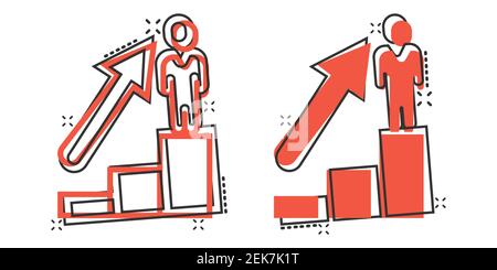 People with growth arrow icon in comic style. Work strategy cartoon vector illustration on white isolated background. Office training splash effect bu Stock Vector