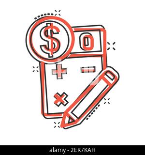 Tax payment icon in comic style. Budget invoice cartoon vector illustration on white isolated background. Calculator with dollar coin and pencil splas Stock Vector