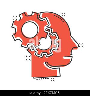 Human head with cogwheel icon in comic style. Technology progress cartoon vector illustration on white isolated background. Face and gear splash effec Stock Vector