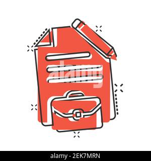 Document note with pen icon in comic style. Paper sheet pencil and briefcase cartoon vector illustration on white background. Notepad document splash Stock Vector