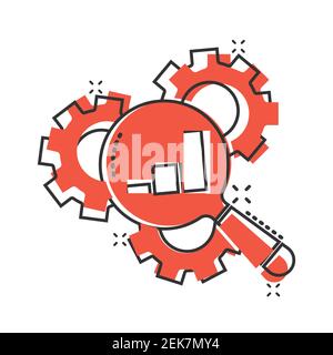 Loupe with gear icon in comic style. Magnifying glass cartoon vector illustration on white isolated background. Seo exploration splash effect business Stock Vector